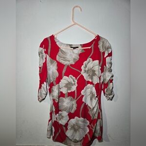 Alfani Womens Top Medium Red Floral Blouse Rushed 3/4 Length Sleeves